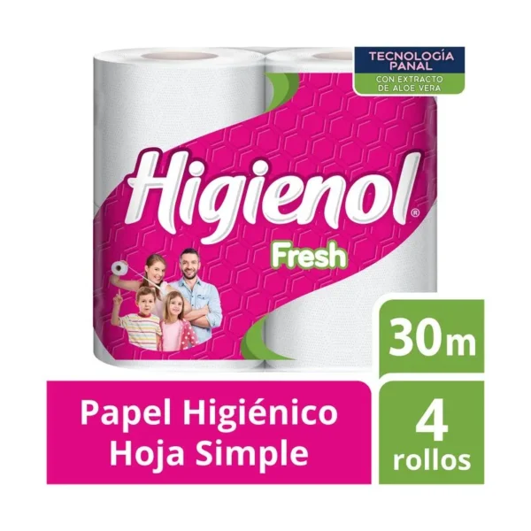 Papel higiénico Higienol hoja simple fresh aloe x4 30 mts.